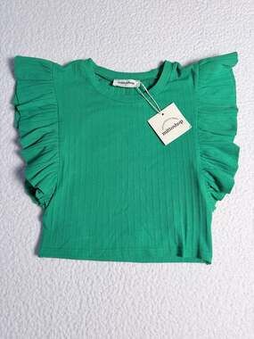 Mittoshop Ribbed Emerald Green Flutter Sleeve Open Back Crop Top